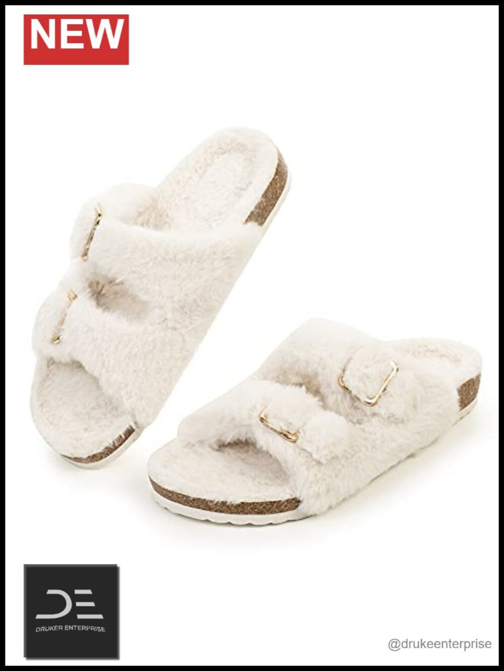 Open Toe Slipper with Cozy Faux Rabbit Fur Lining, Cork Slides - Size 6-11